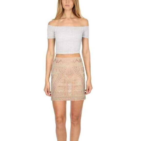 Nude Beaded Embroidered Aztec Mini Skirt - Picture 7 of 10